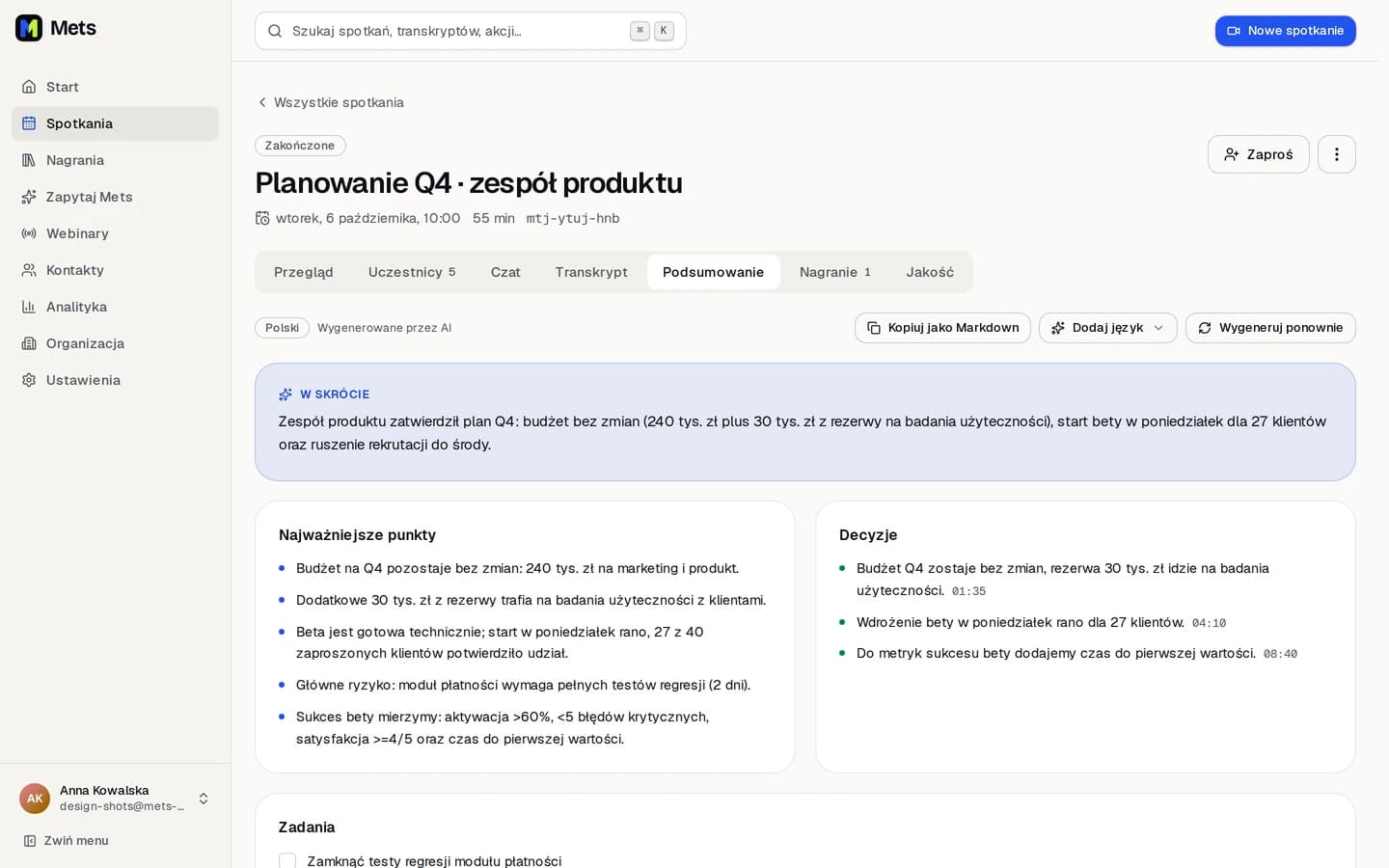 Podsumowanie AI spotkania: punkty, decyzje, zadania