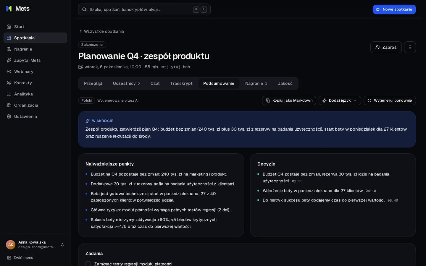 Shrnutí schůzky od AI: klíčové body, rozhodnutí, úkoly